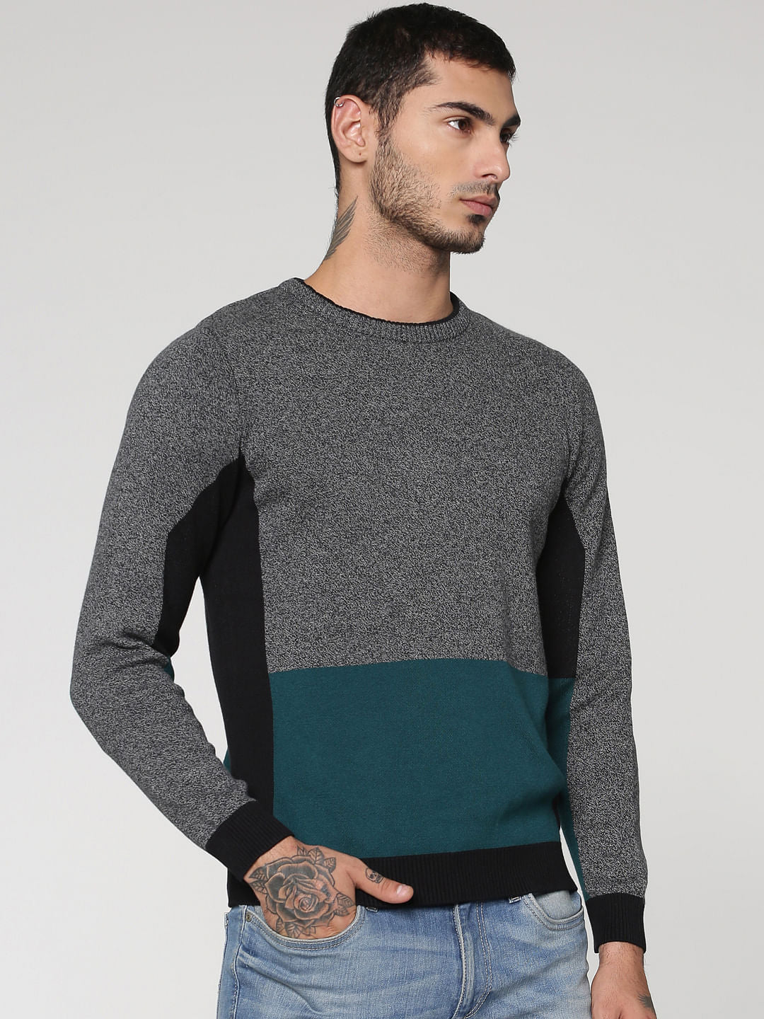 Black Colour Blocked Crew Neck Sweatshirt