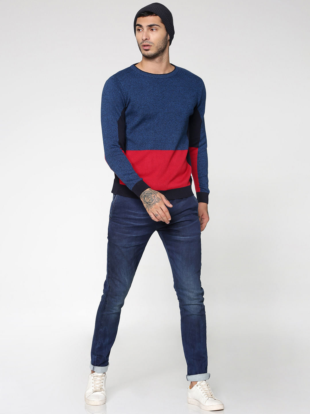 Blue Colour Blocked Crew Neck Sweatshirt