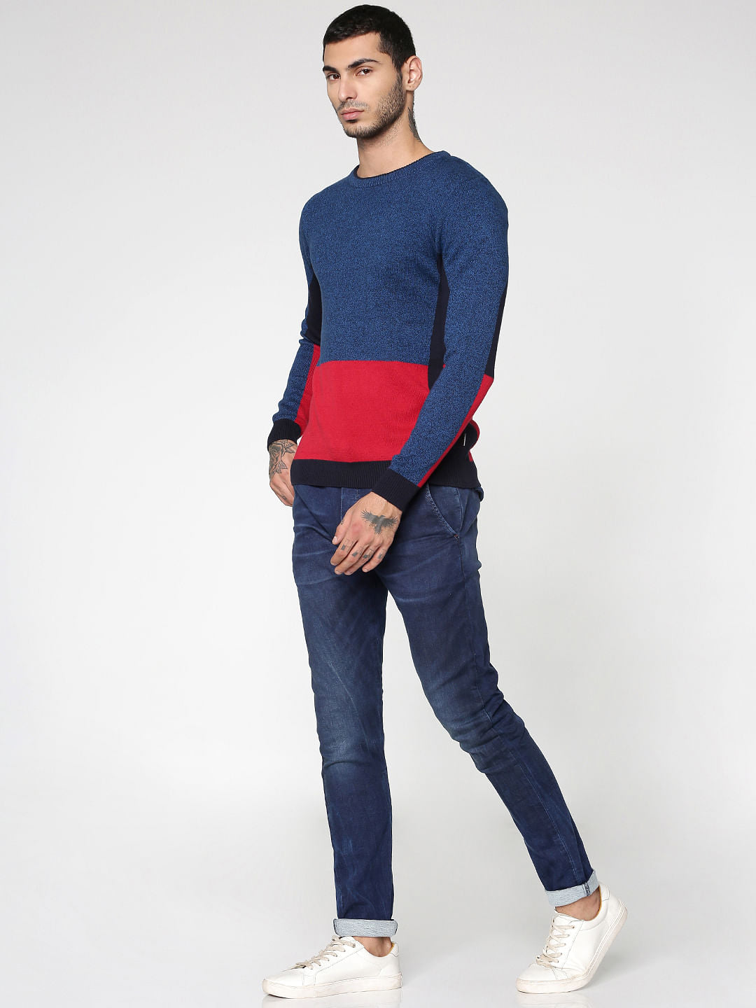 Blue Colour Blocked Crew Neck Sweatshirt