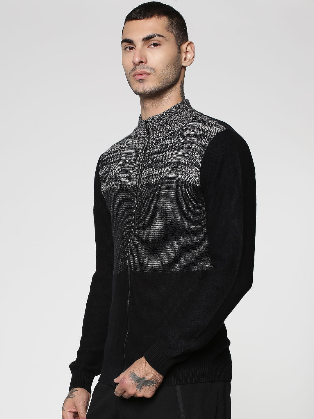 Black Colour Blocked Crew Neck Zip Up Sweatshirt