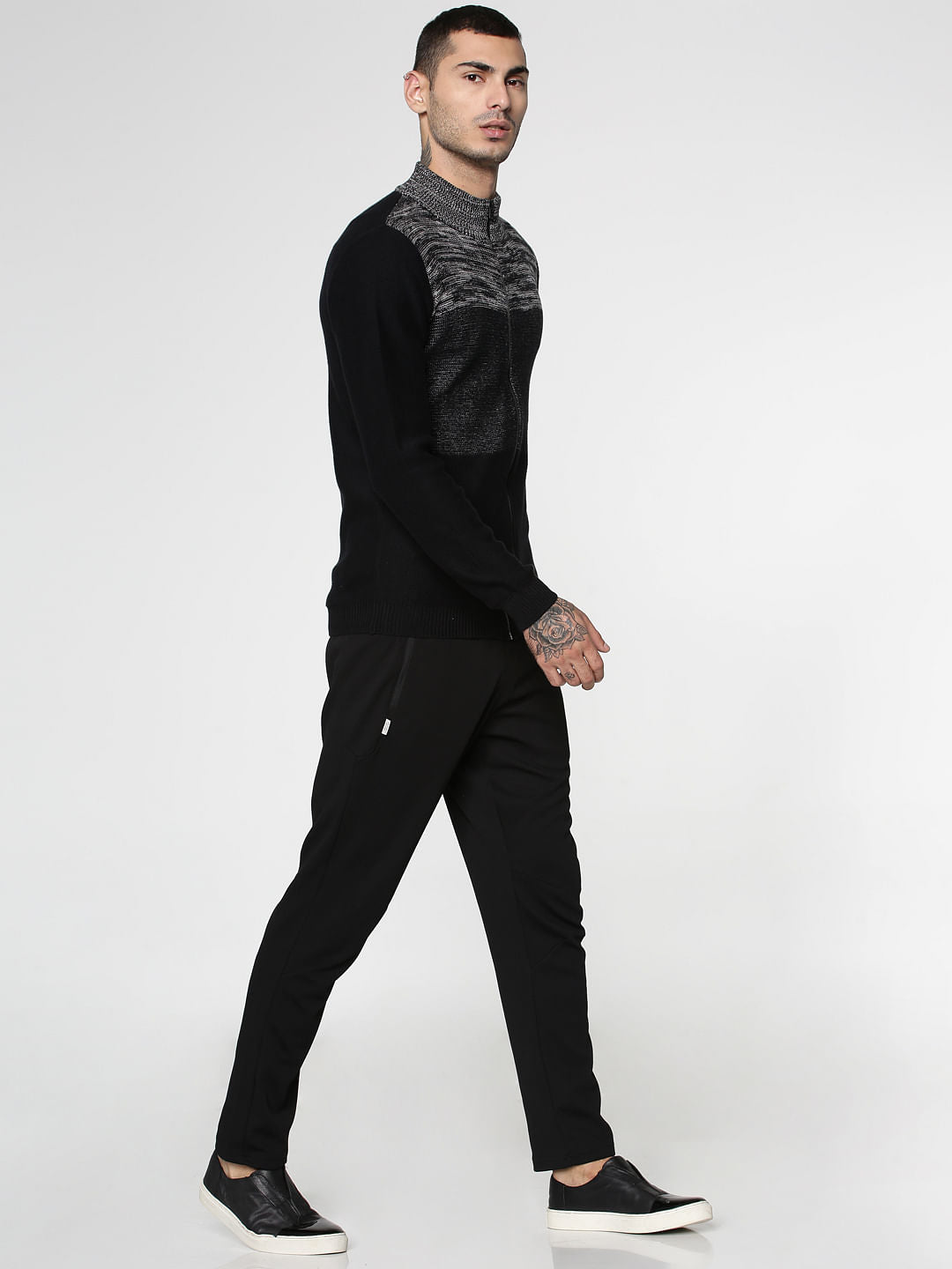 Black Colour Blocked Crew Neck Zip Up Sweatshirt