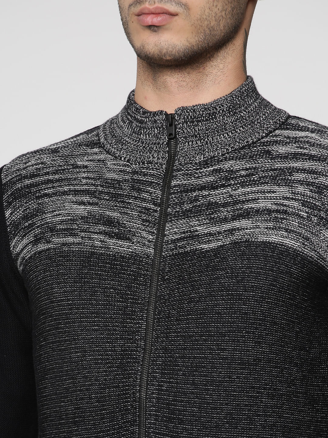 Black Colour Blocked Crew Neck Zip Up Sweatshirt