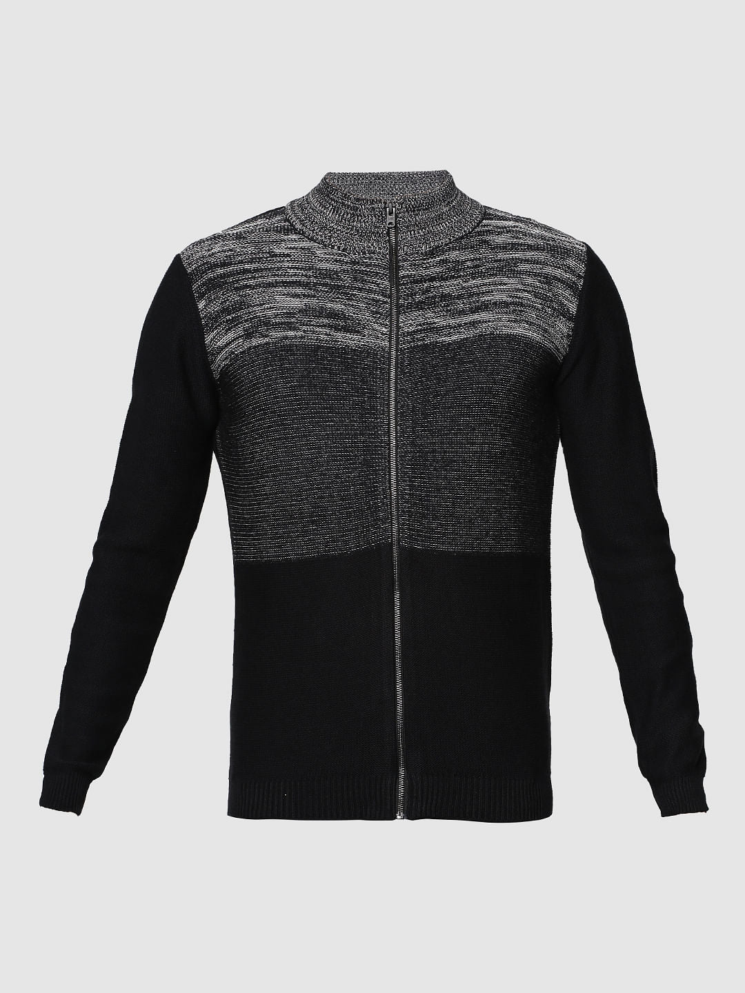 Black Colour Blocked Crew Neck Zip Up Sweatshirt