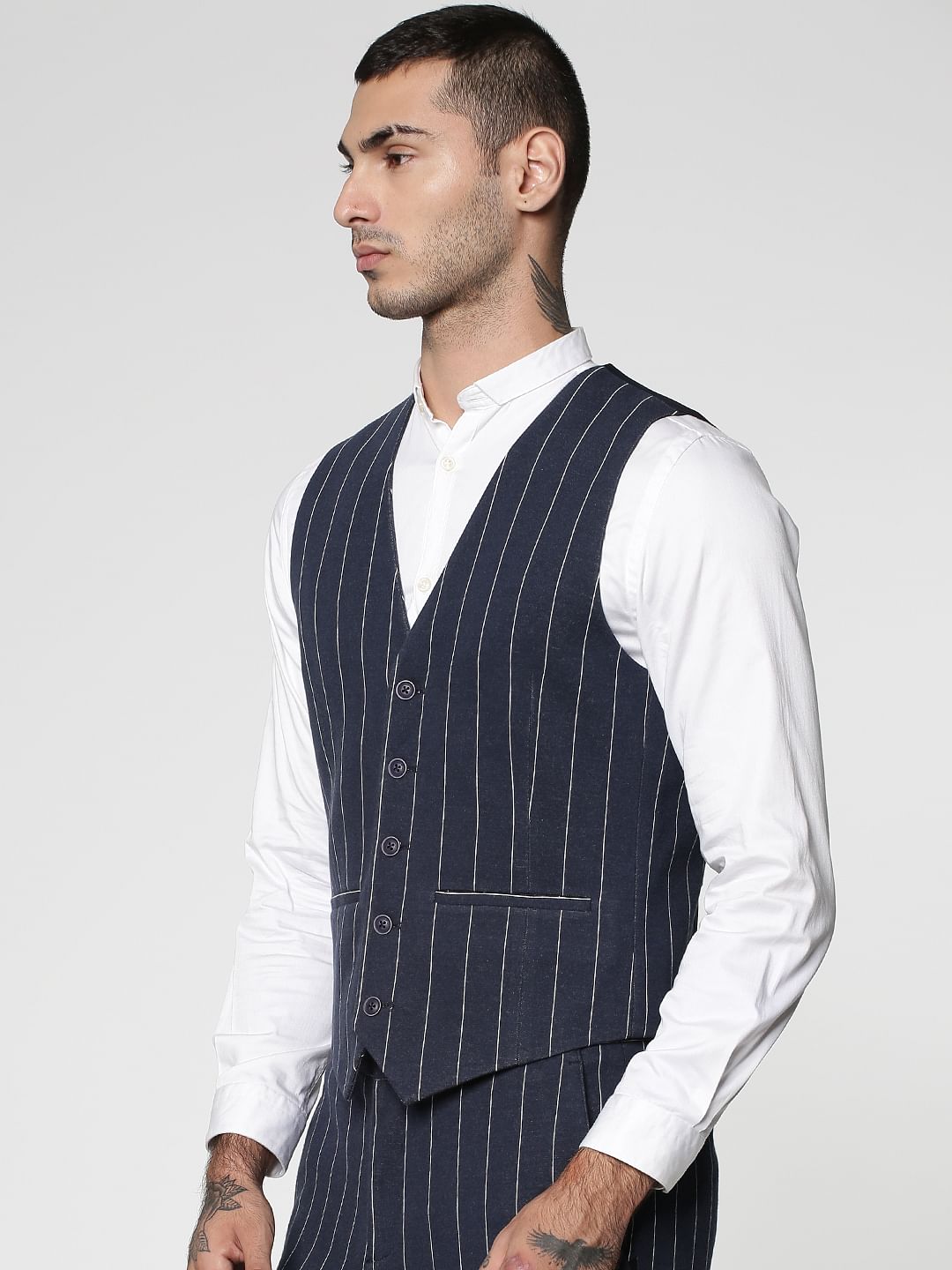Navy Blue Striped Waistcoat