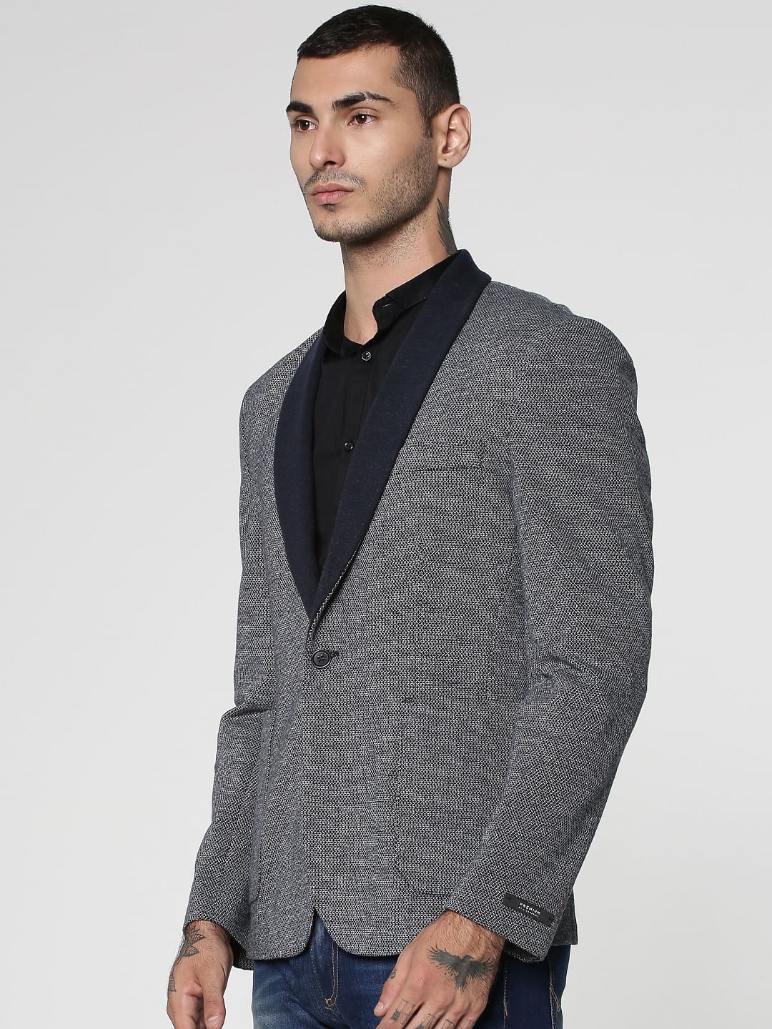 Blue Dobby Knitted Slim Fit Blazer