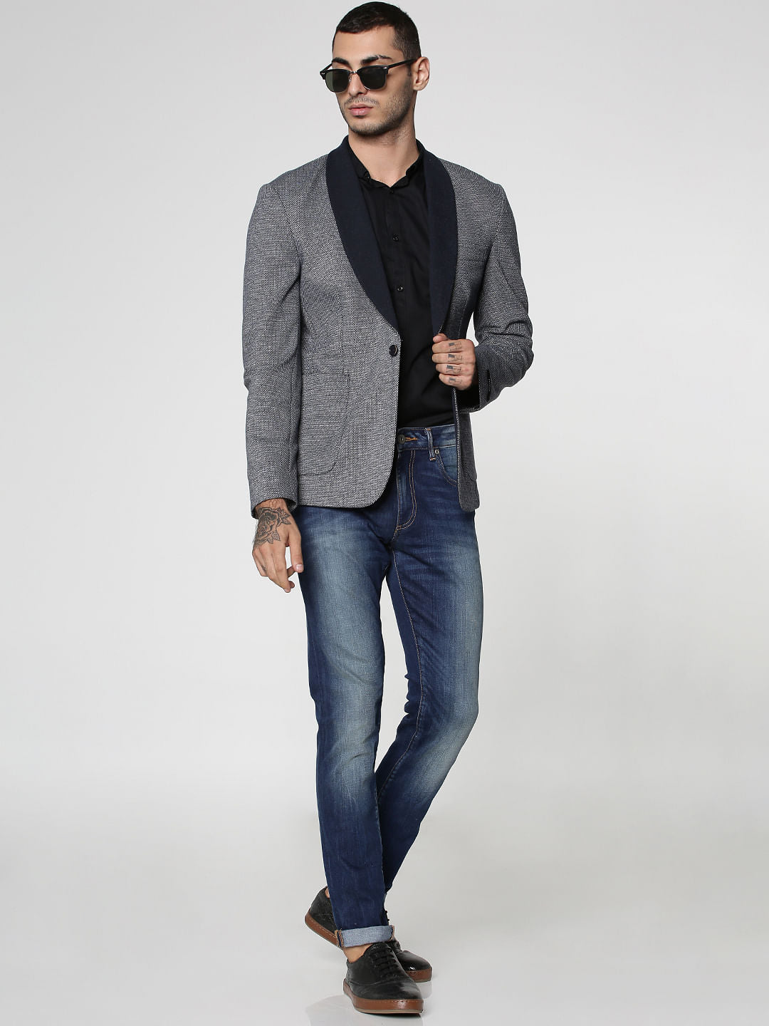 Blue Dobby Knitted Slim Fit Blazer