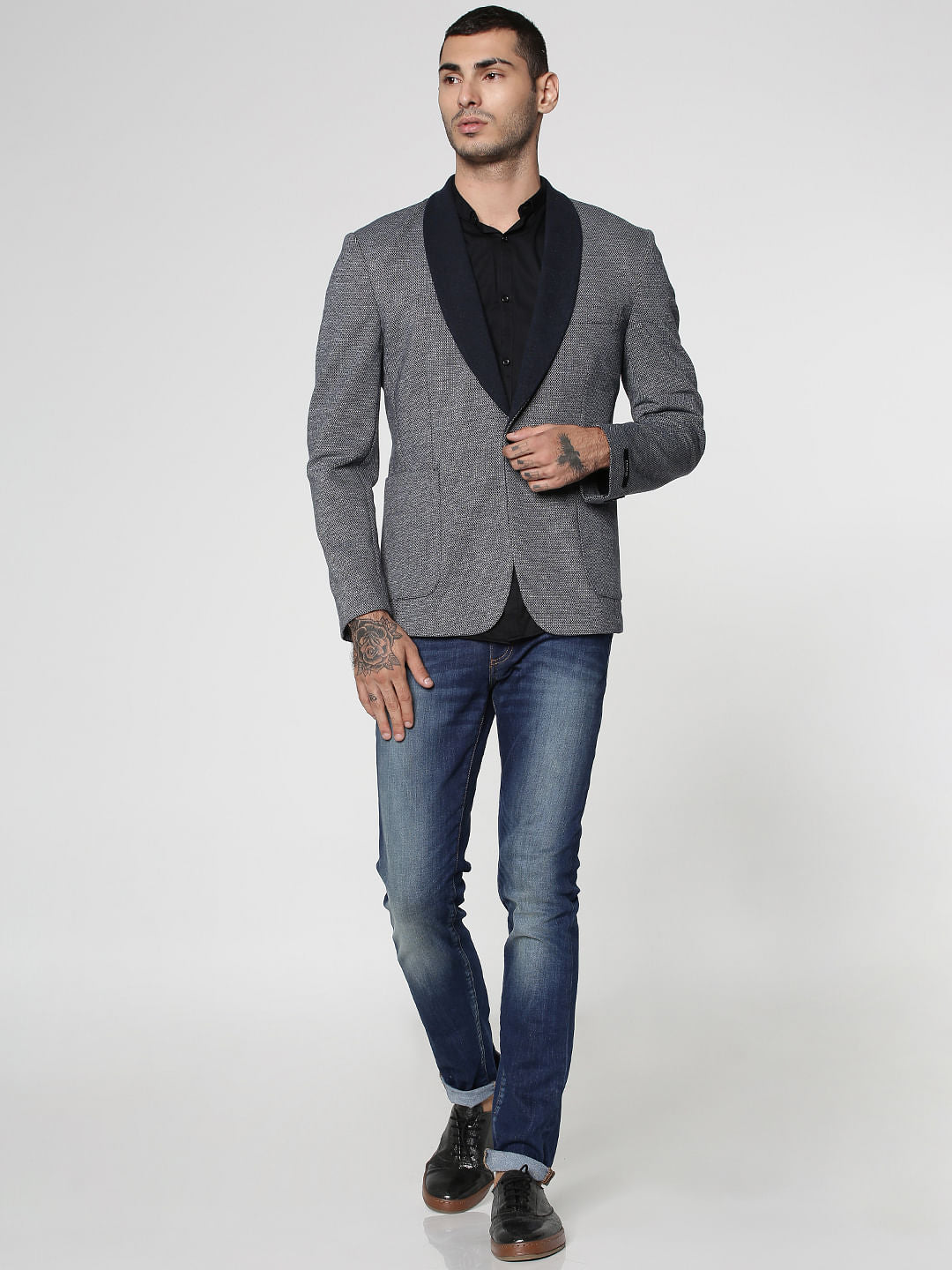Blue Dobby Knitted Slim Fit Blazer
