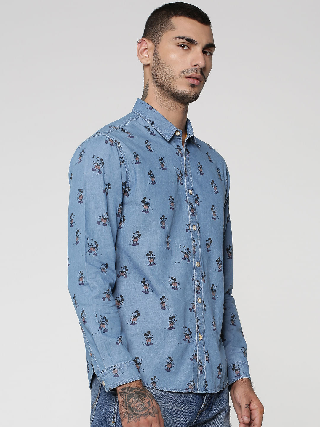 Mickey All Over Mickey Mouse Print Full Sleeves Denim Shirt