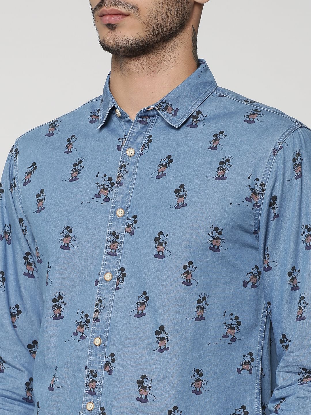 Mickey All Over Mickey Mouse Print Full Sleeves Denim Shirt
