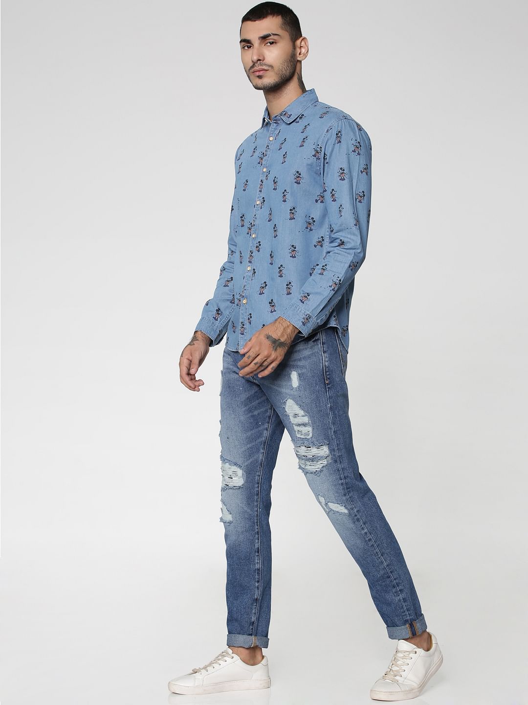 Mickey All Over Mickey Mouse Print Full Sleeves Denim Shirt