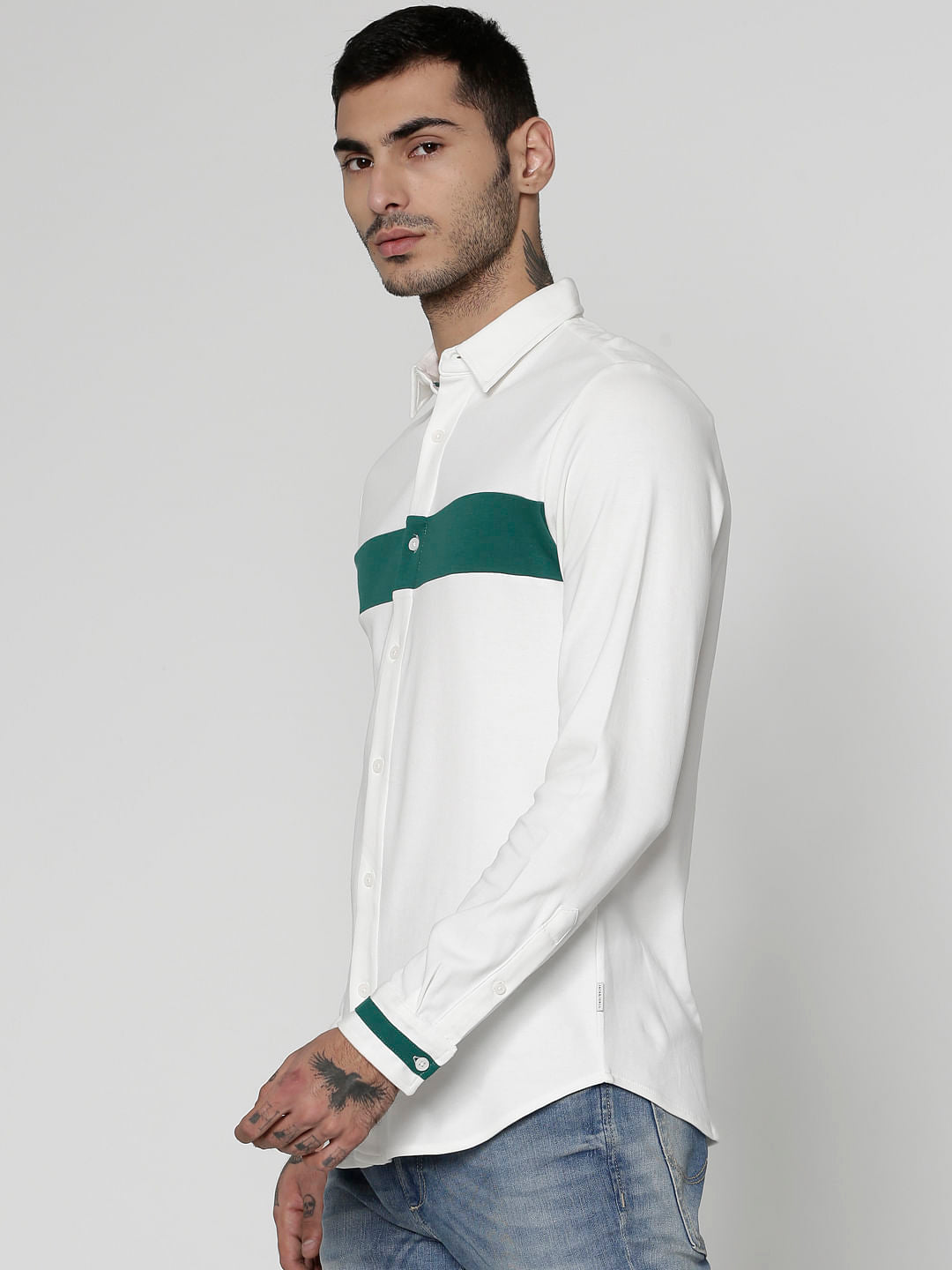 White Colour Blocked Slim Fit Full Sleeves Shirt