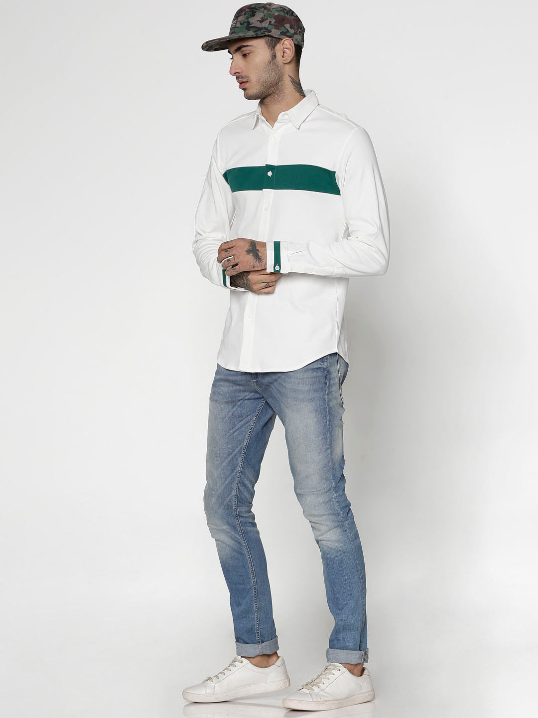 White Colour Blocked Slim Fit Full Sleeves Shirt