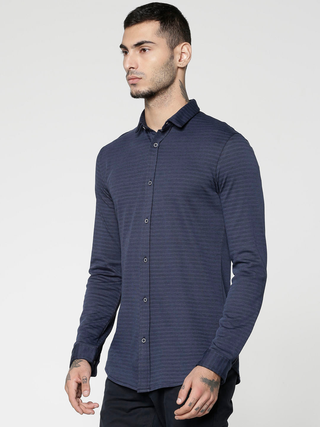 Navy Blue Striped Slim Fit Full Sleeves Shirt