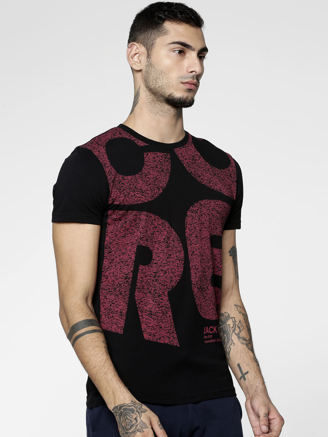 Black Text Print Slim Fit Crew Neck T-Shirt