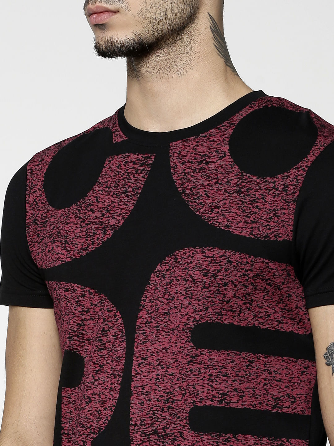 Black Text Print Slim Fit Crew Neck T-Shirt