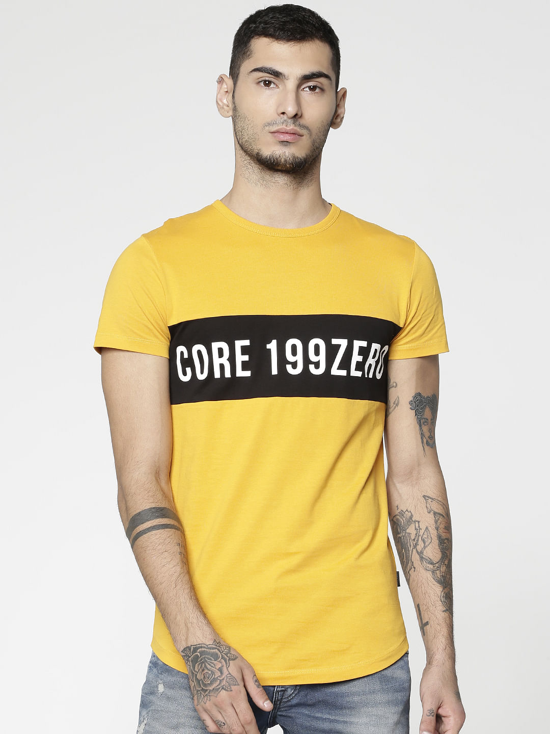 Yellow Colour Blocked Slim Fit Crew Neck T-Shirt