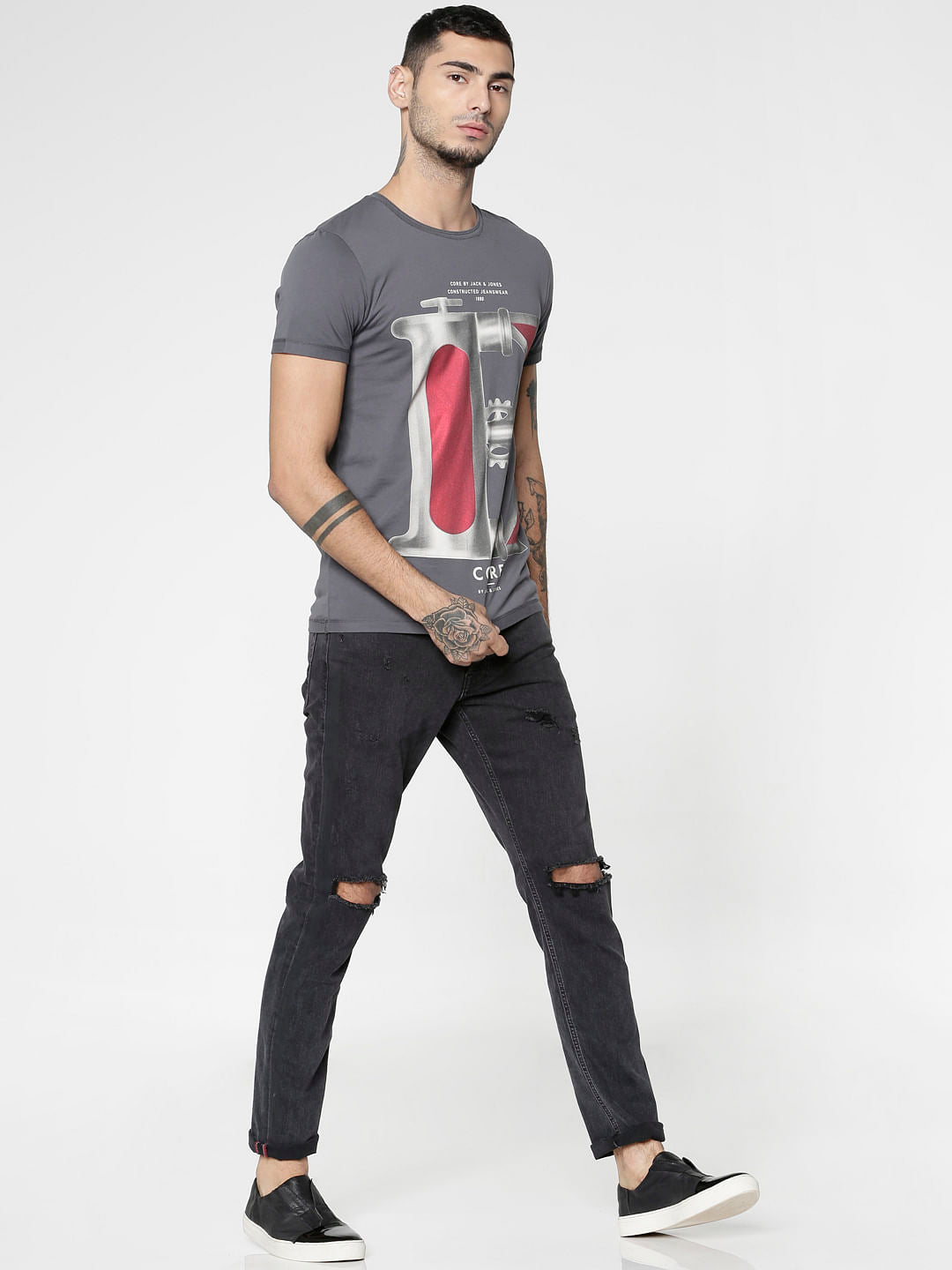 Grey Graphic Print Slim Fit Crew Neck T-Shirt