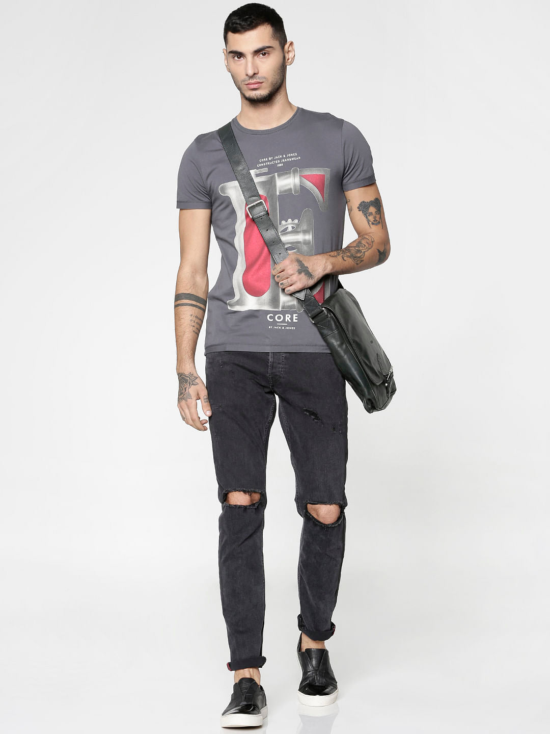 Grey Graphic Print Slim Fit Crew Neck T-Shirt