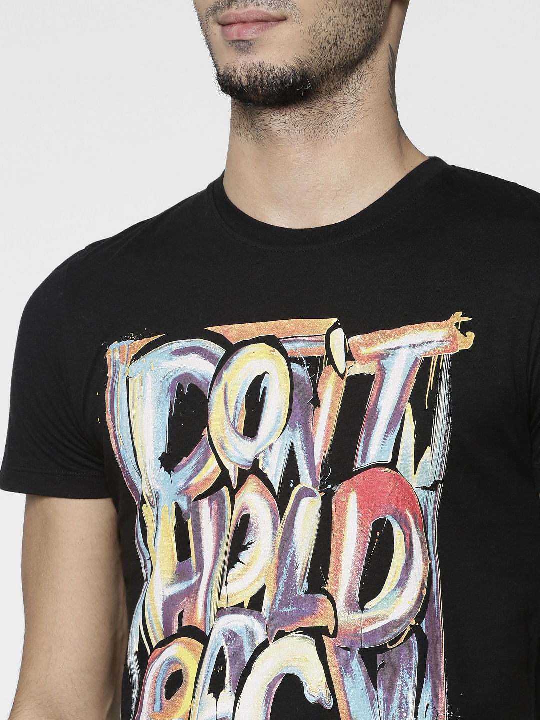Black Text Print Slim Fit Crew Neck T-Shirt