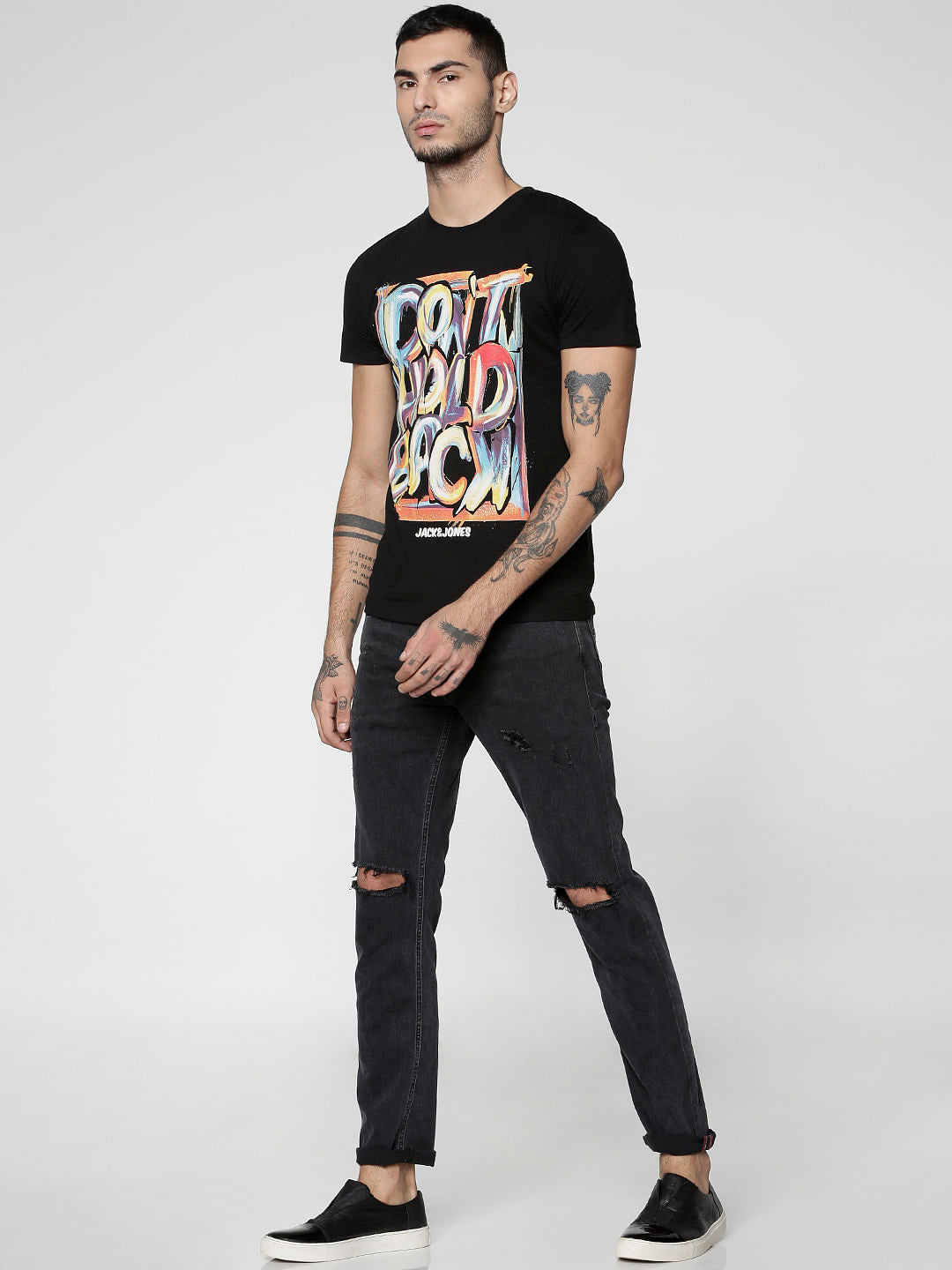 Black Text Print Slim Fit Crew Neck T-Shirt