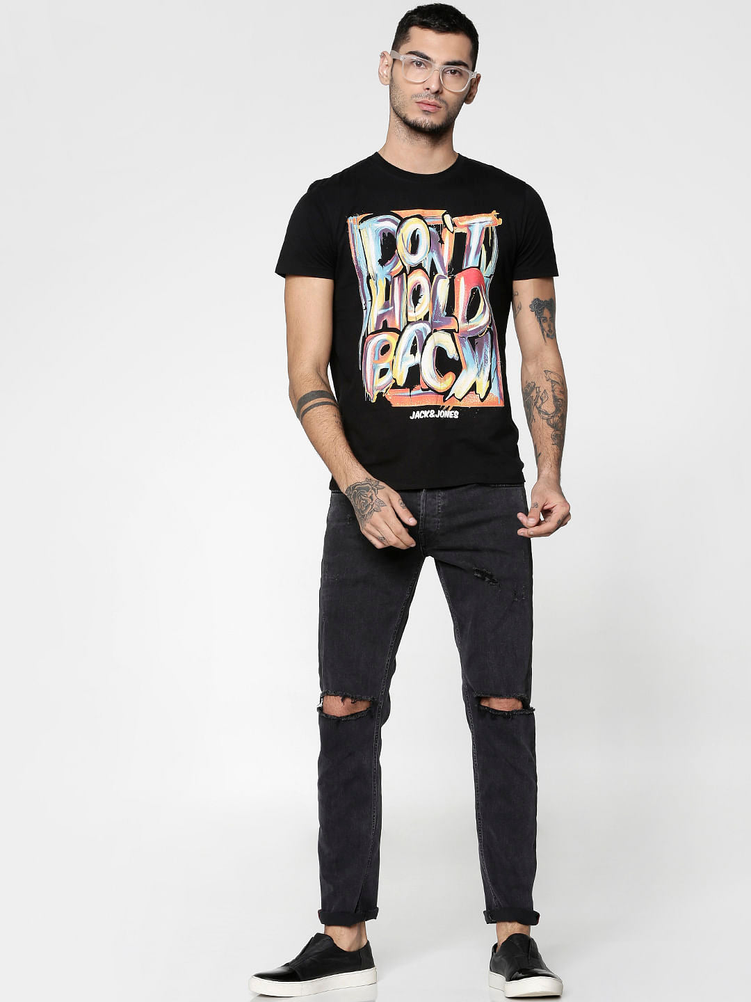Black Text Print Slim Fit Crew Neck T-Shirt