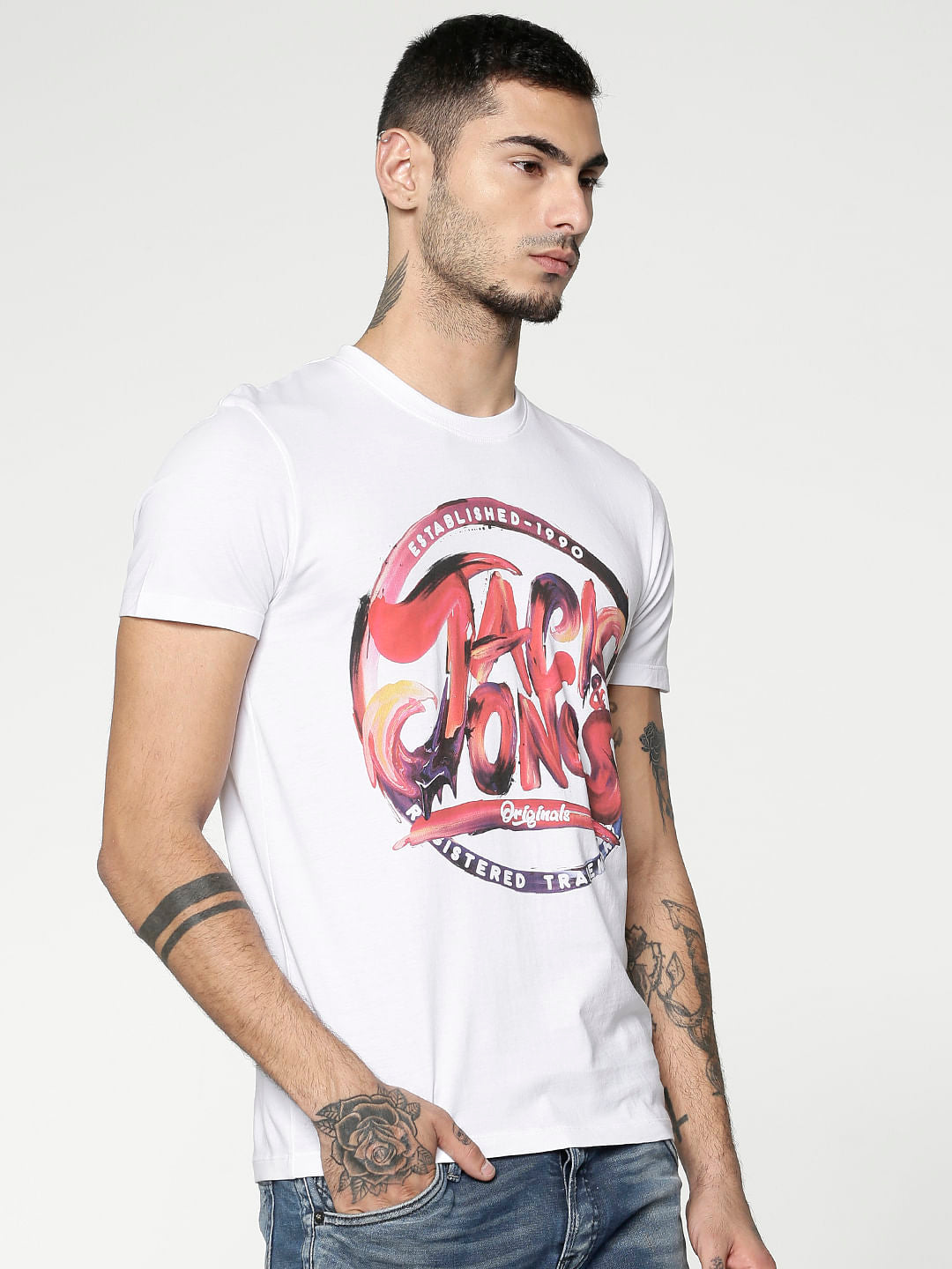 White Logo Print Slim Fit Crew Neck T-Shirt