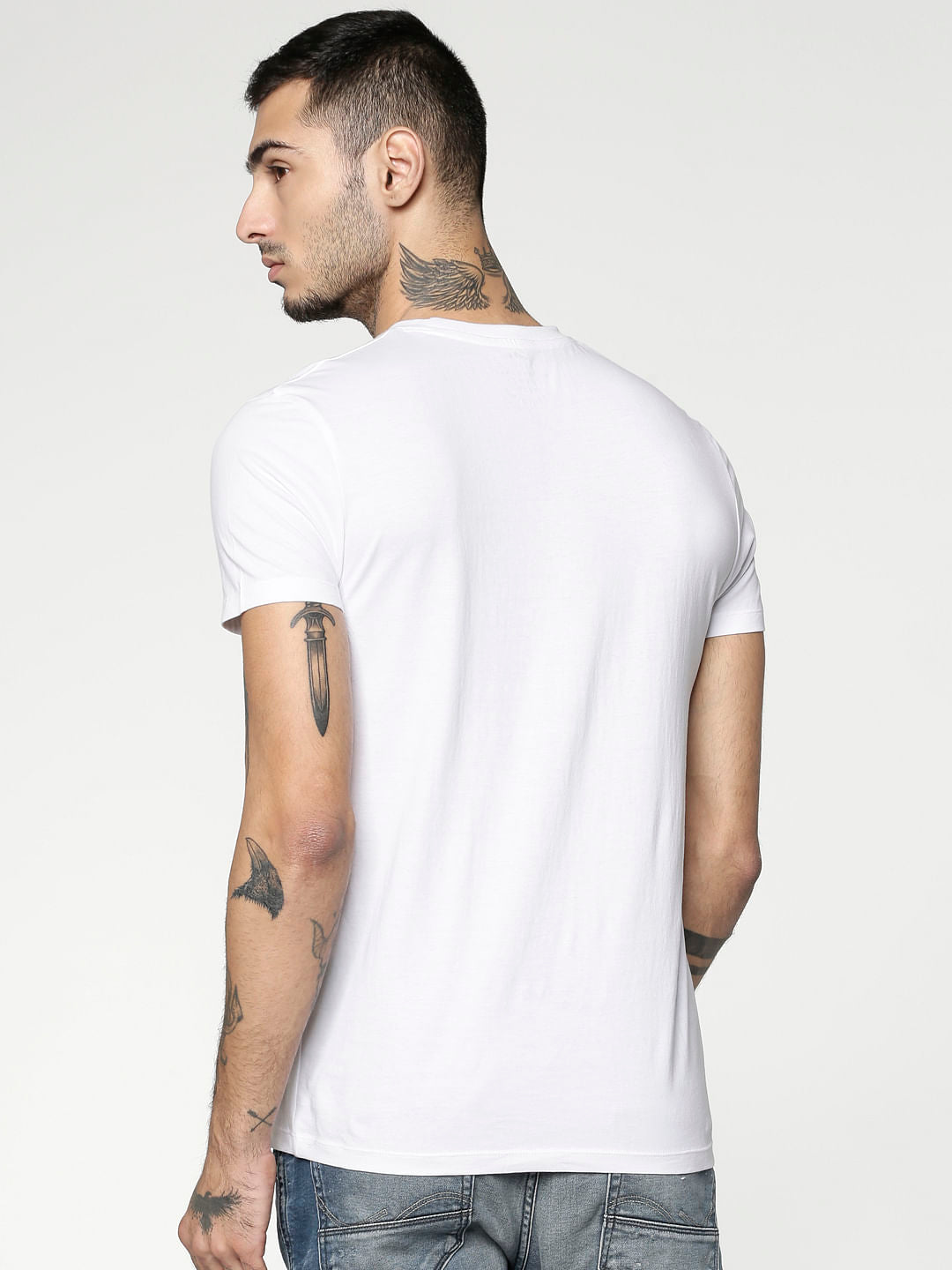 White Logo Print Slim Fit Crew Neck T-Shirt