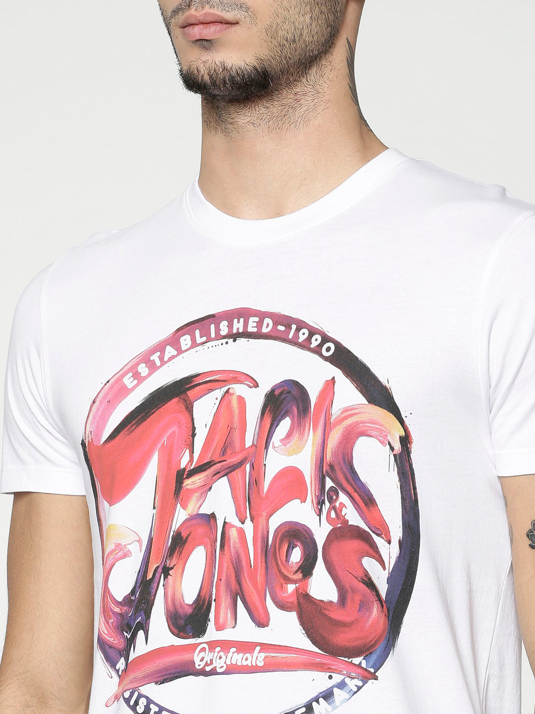 White Logo Print Slim Fit Crew Neck T-Shirt