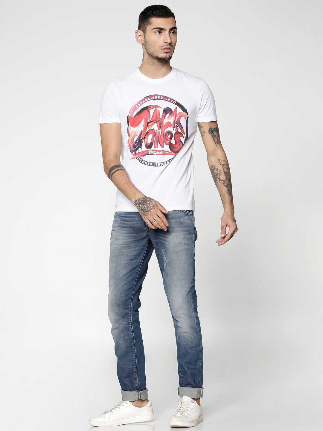 White Logo Print Slim Fit Crew Neck T-Shirt