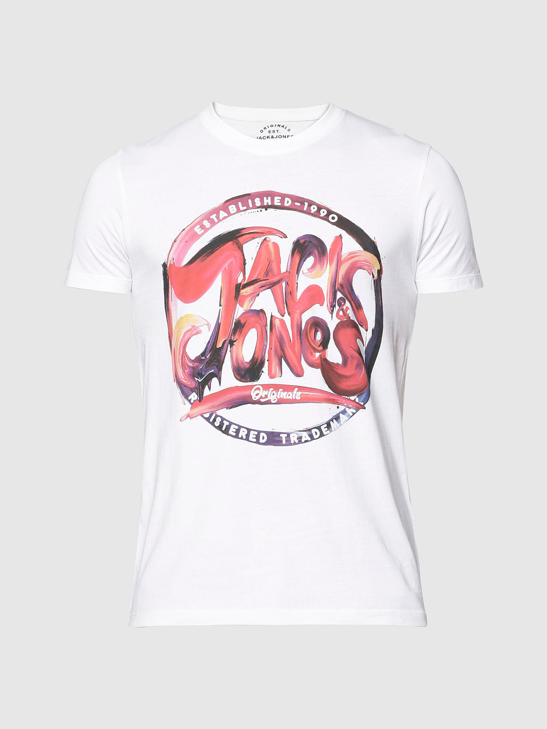 White Logo Print Slim Fit Crew Neck T-Shirt