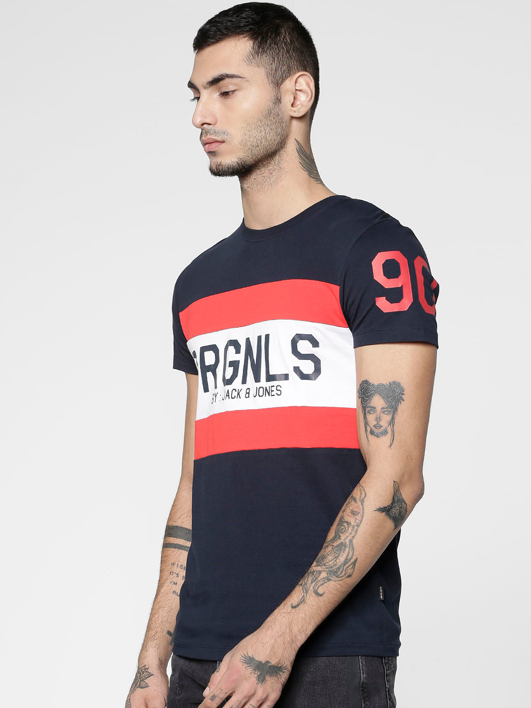 Blue Logo Print Slim Fit Crew Neck T-Shirt
