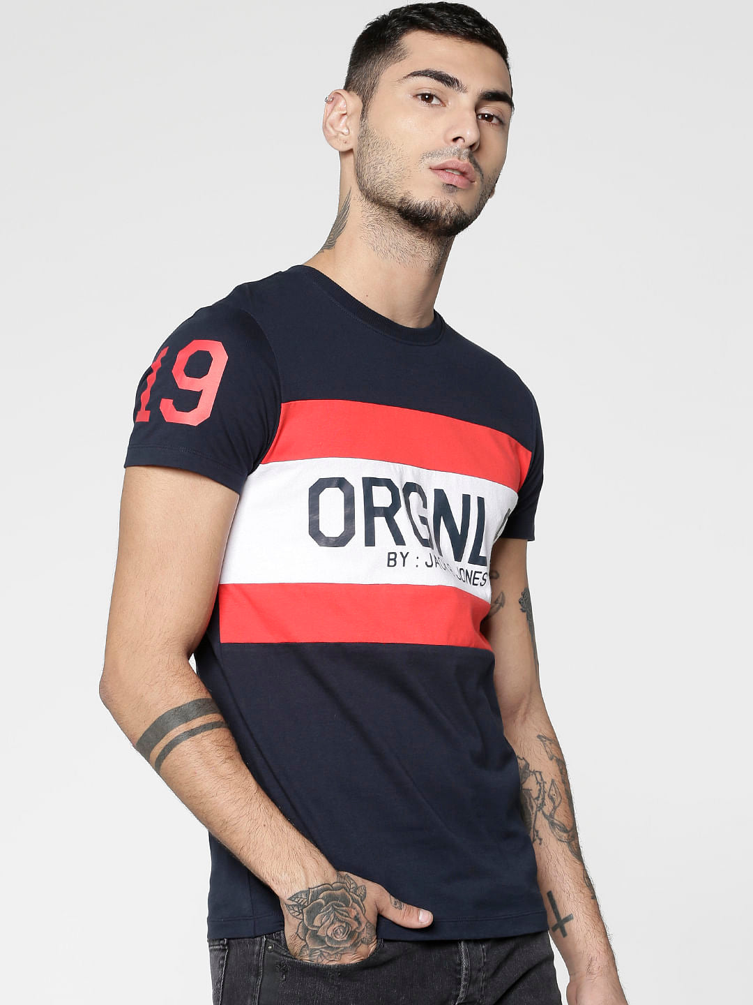 Blue Logo Print Slim Fit Crew Neck T-Shirt