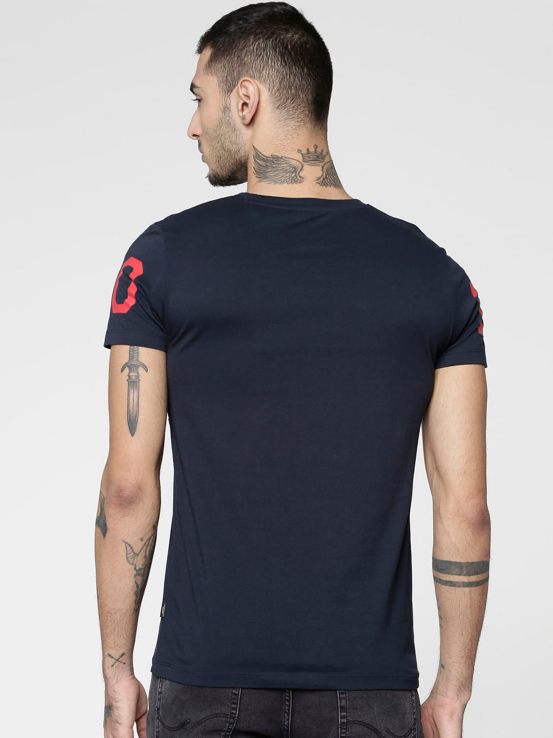 Blue Logo Print Slim Fit Crew Neck T-Shirt