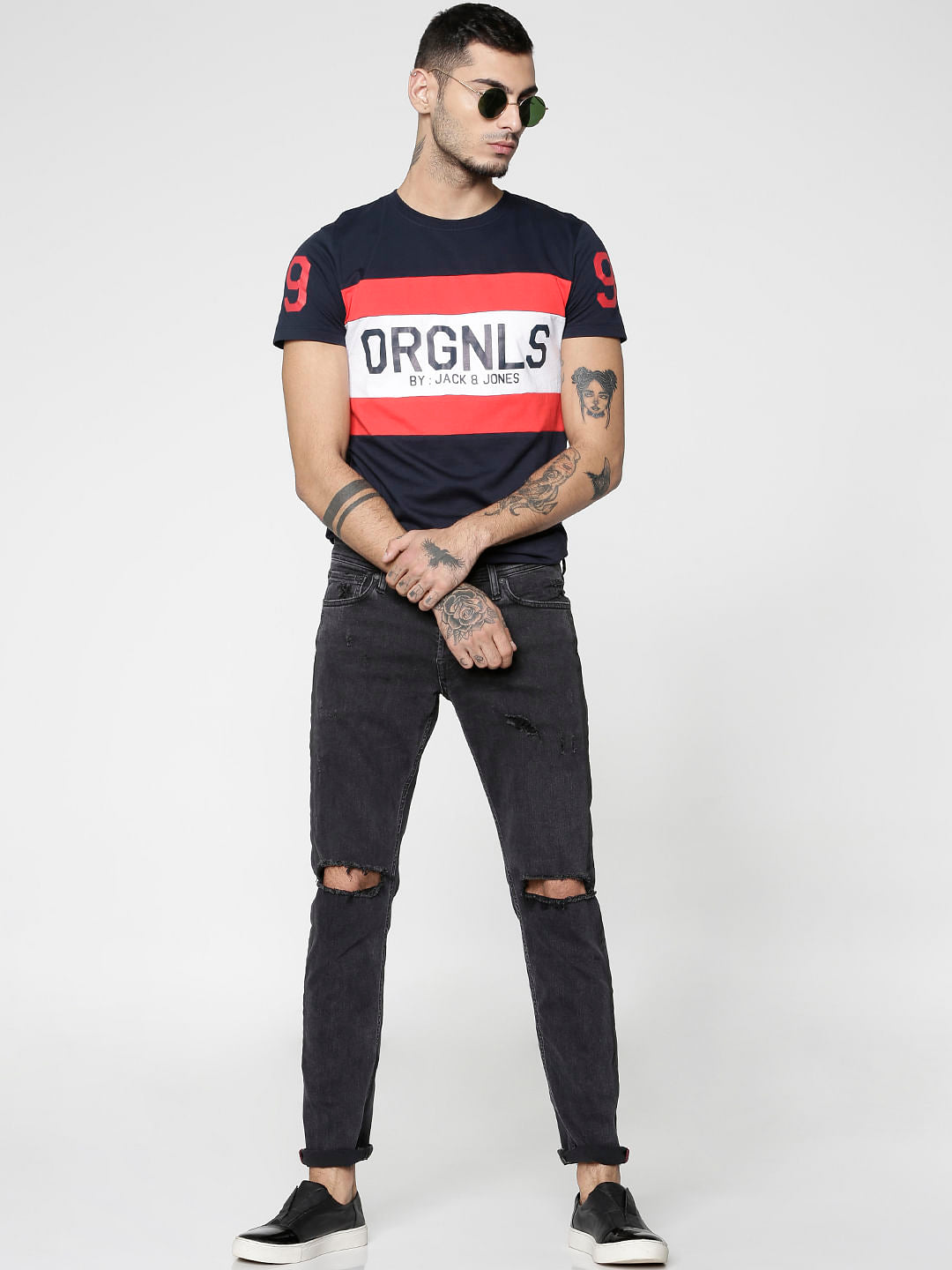 Blue Logo Print Slim Fit Crew Neck T-Shirt
