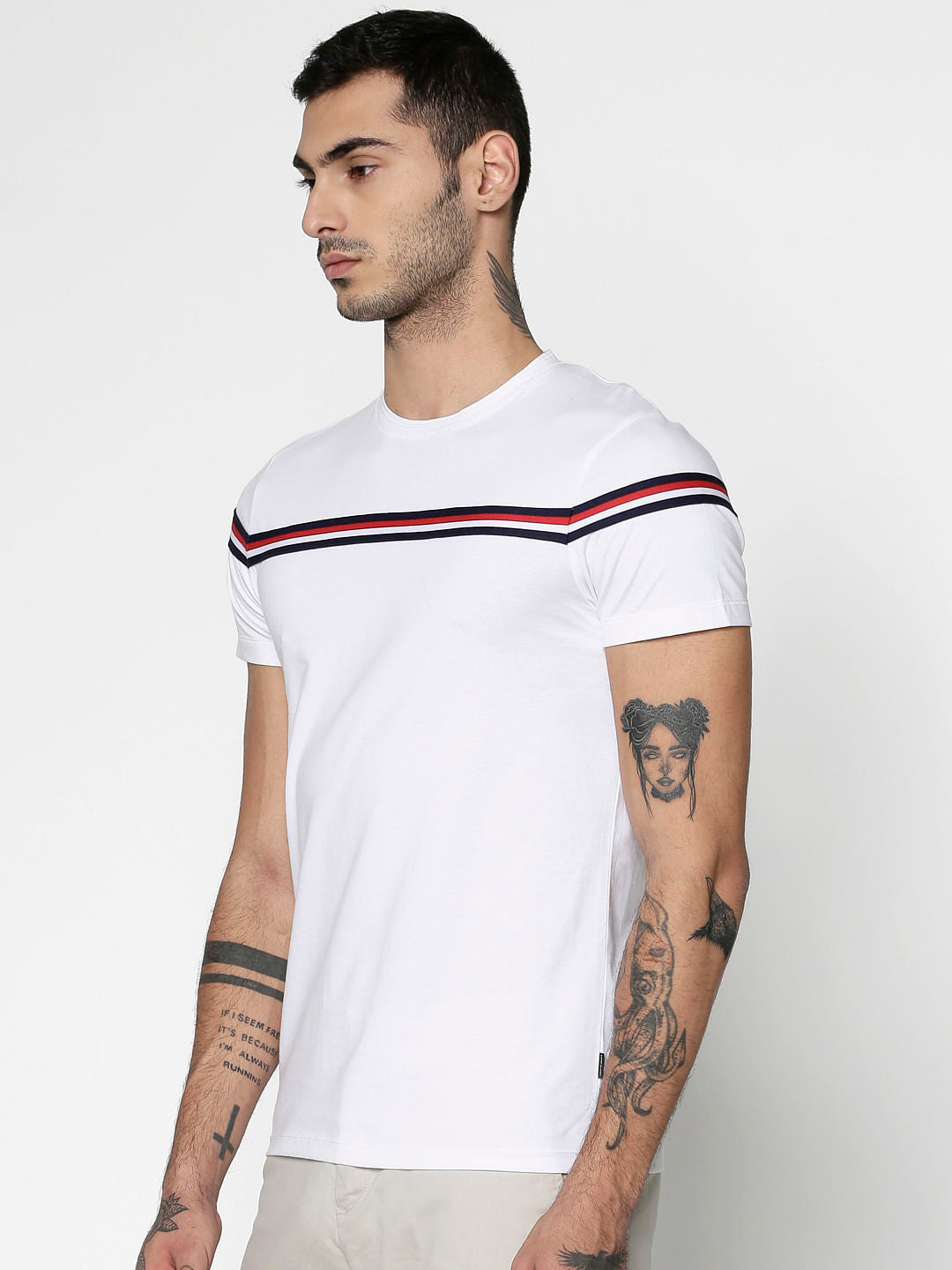 White Striped Patch Work Crew Neck T-Shirt