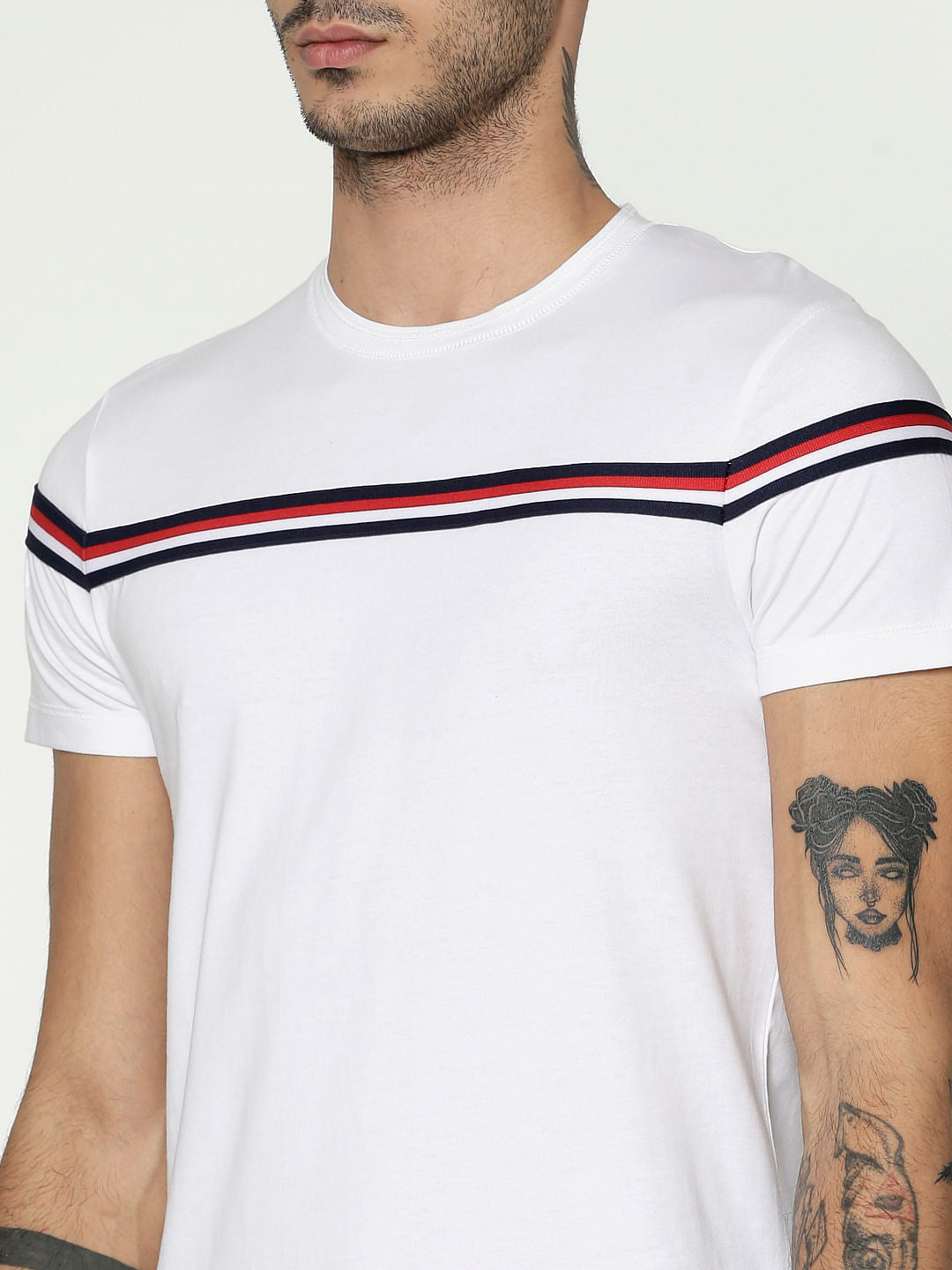 White Striped Patch Work Crew Neck T-Shirt