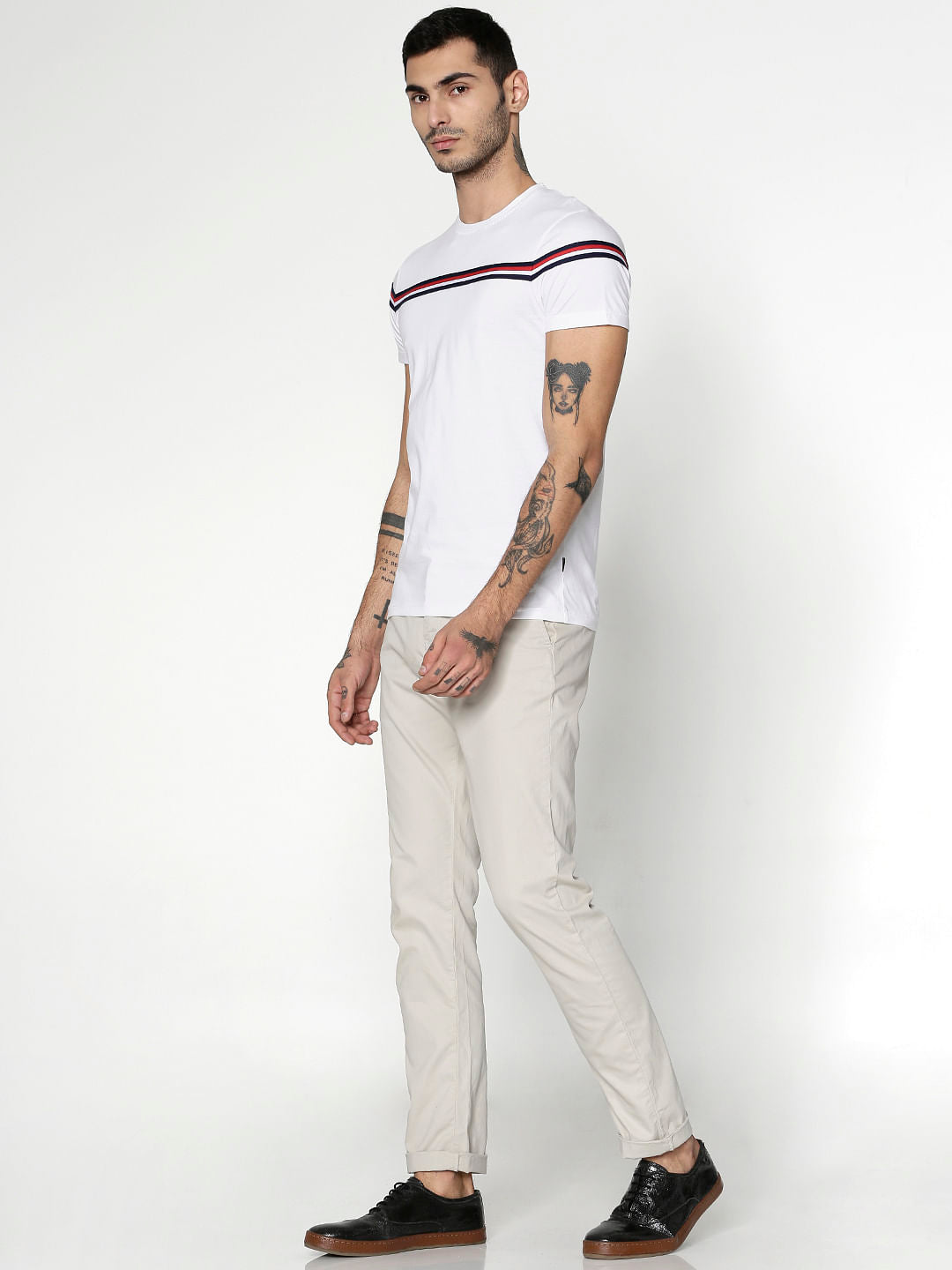 White Striped Patch Work Crew Neck T-Shirt