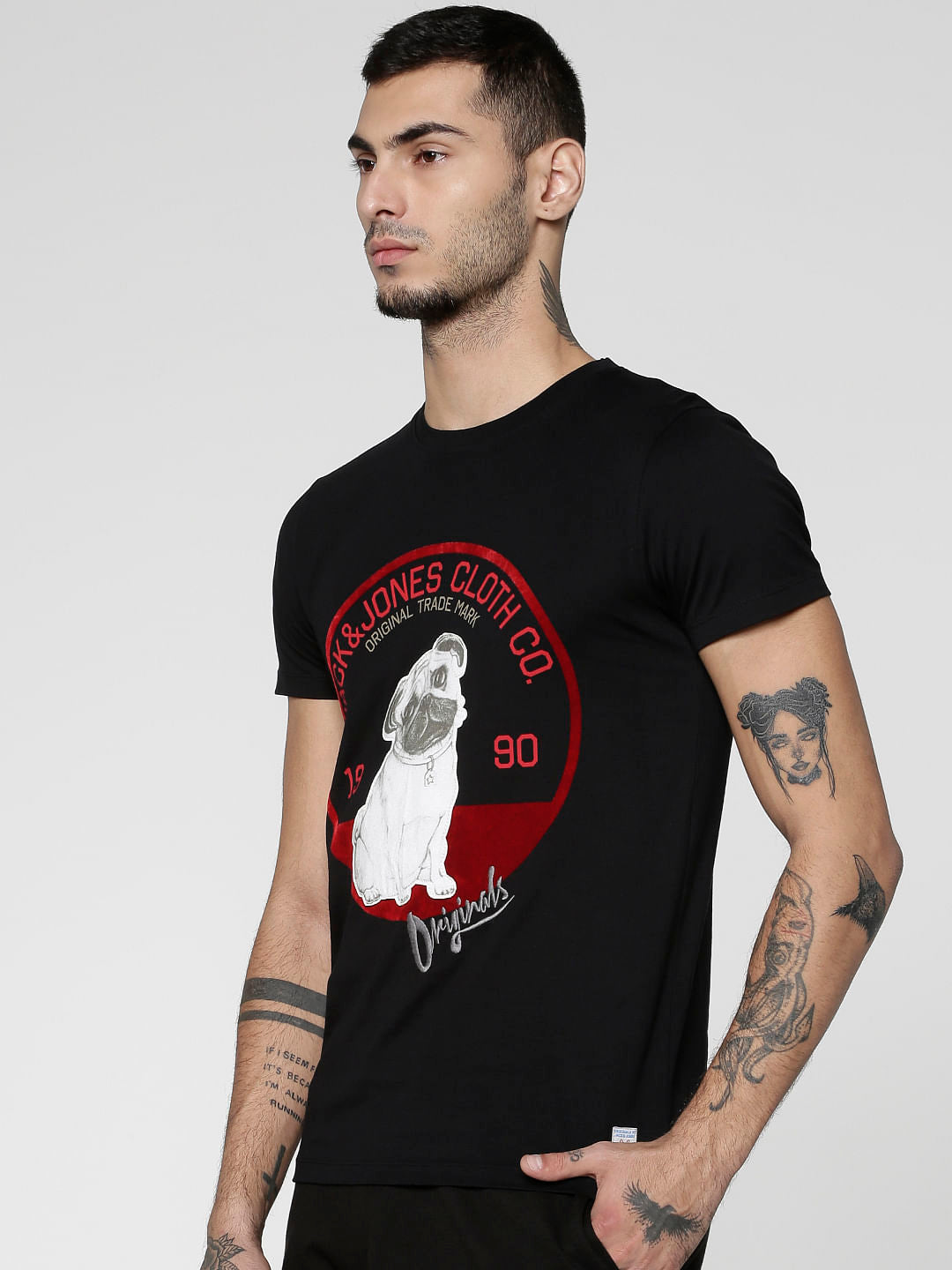 Black Graphic Print Slim Fit Crew Neck T-Shirt