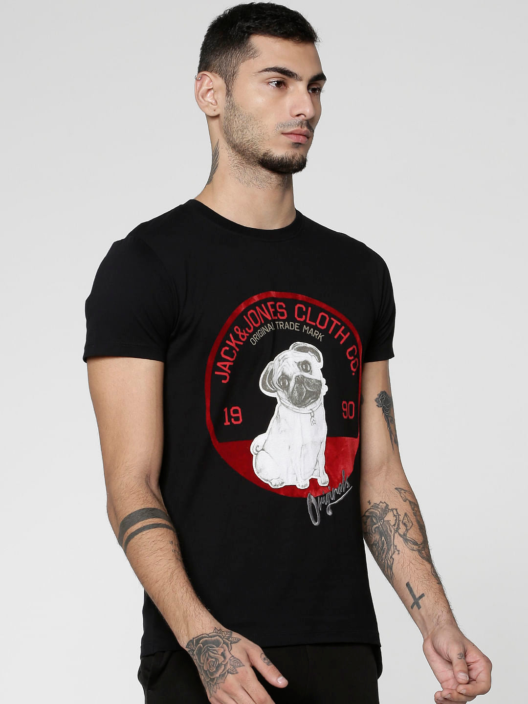 Black Graphic Print Slim Fit Crew Neck T-Shirt