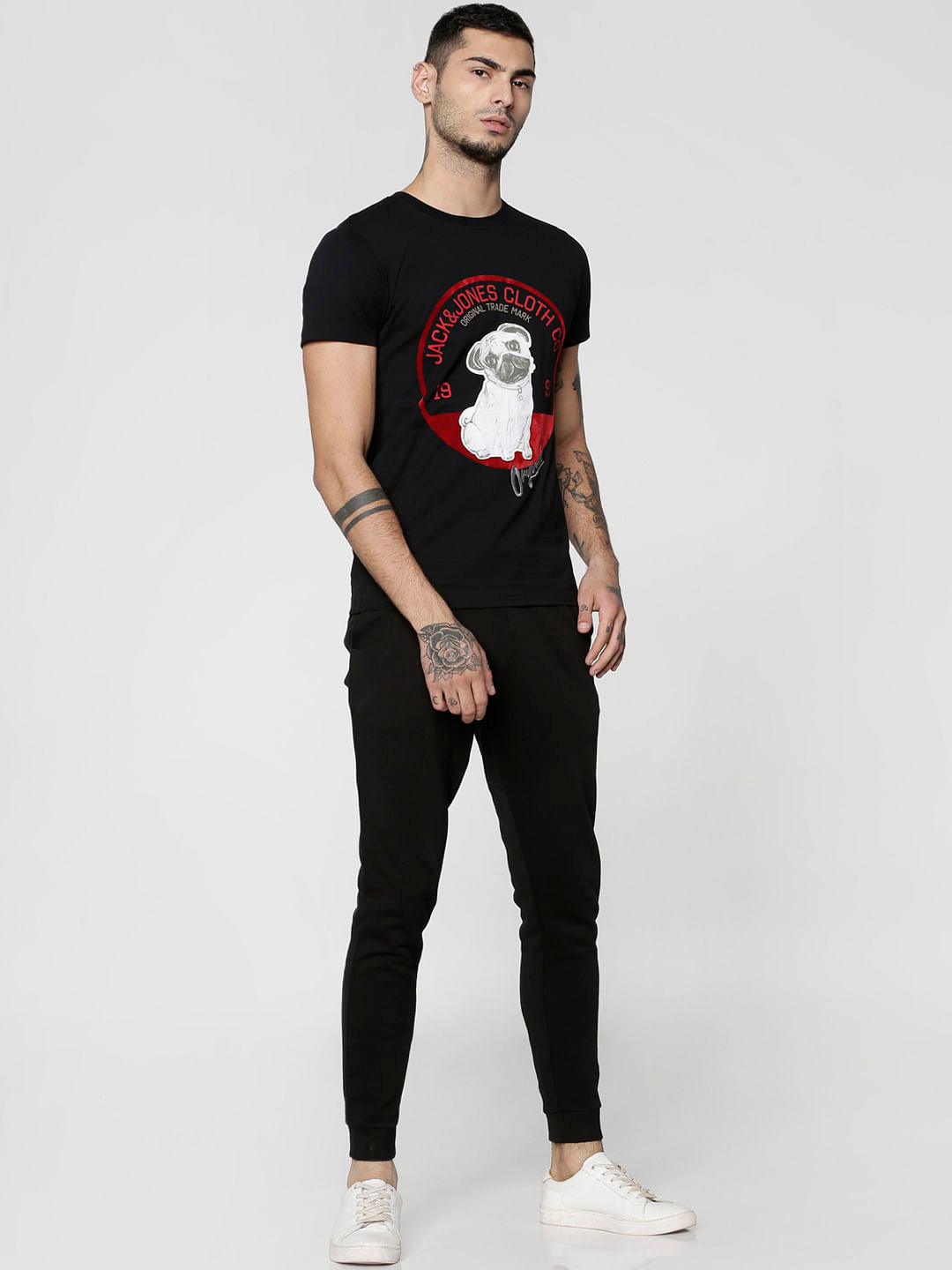 Black Graphic Print Slim Fit Crew Neck T-Shirt