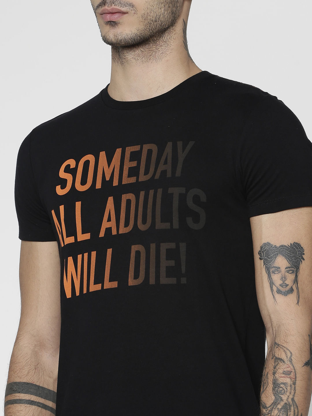 Black Text Print Slim Fit Crew Neck T-Shirt