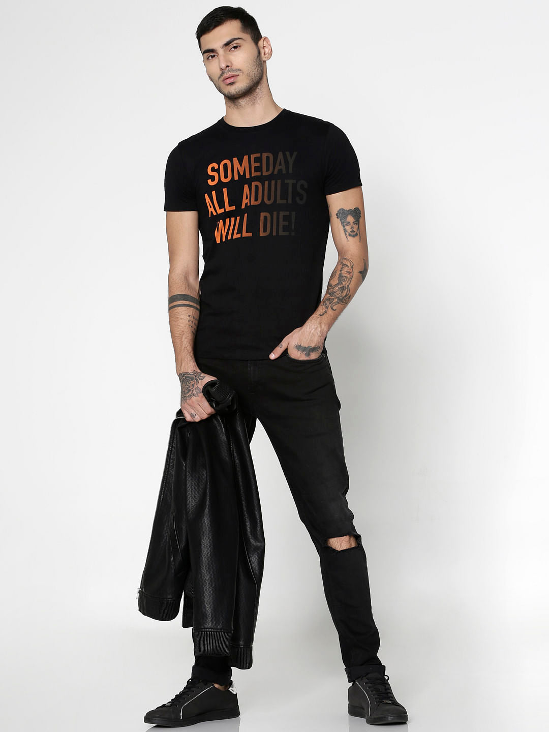 Black Text Print Slim Fit Crew Neck T-Shirt