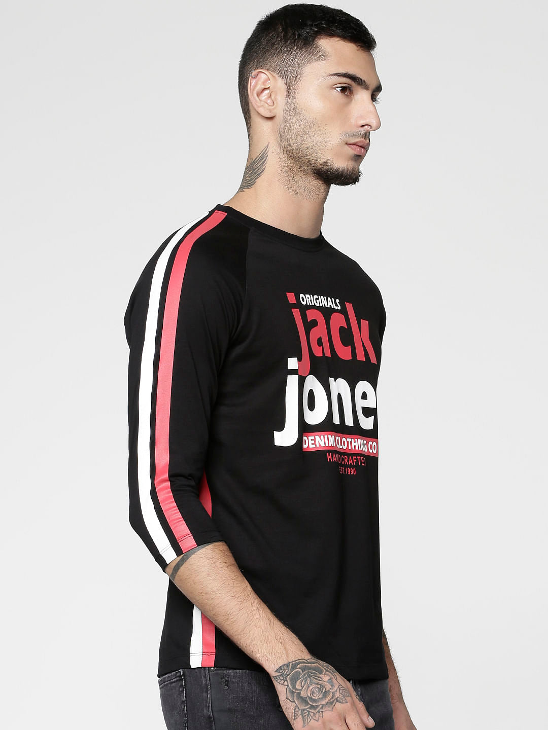 Black Text Print Slim Fit Crew Neck T-Shirt