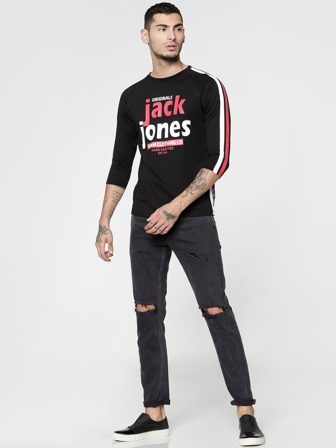 Black Text Print Slim Fit Crew Neck T-Shirt