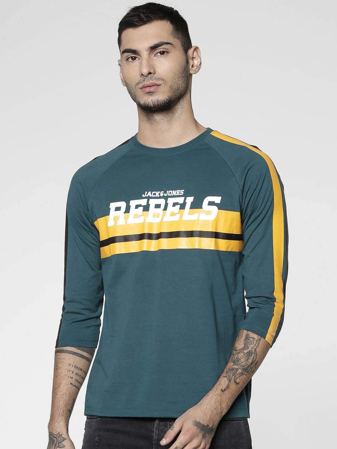 Green Text Print Slim Fit Crew Neck T-Shirt