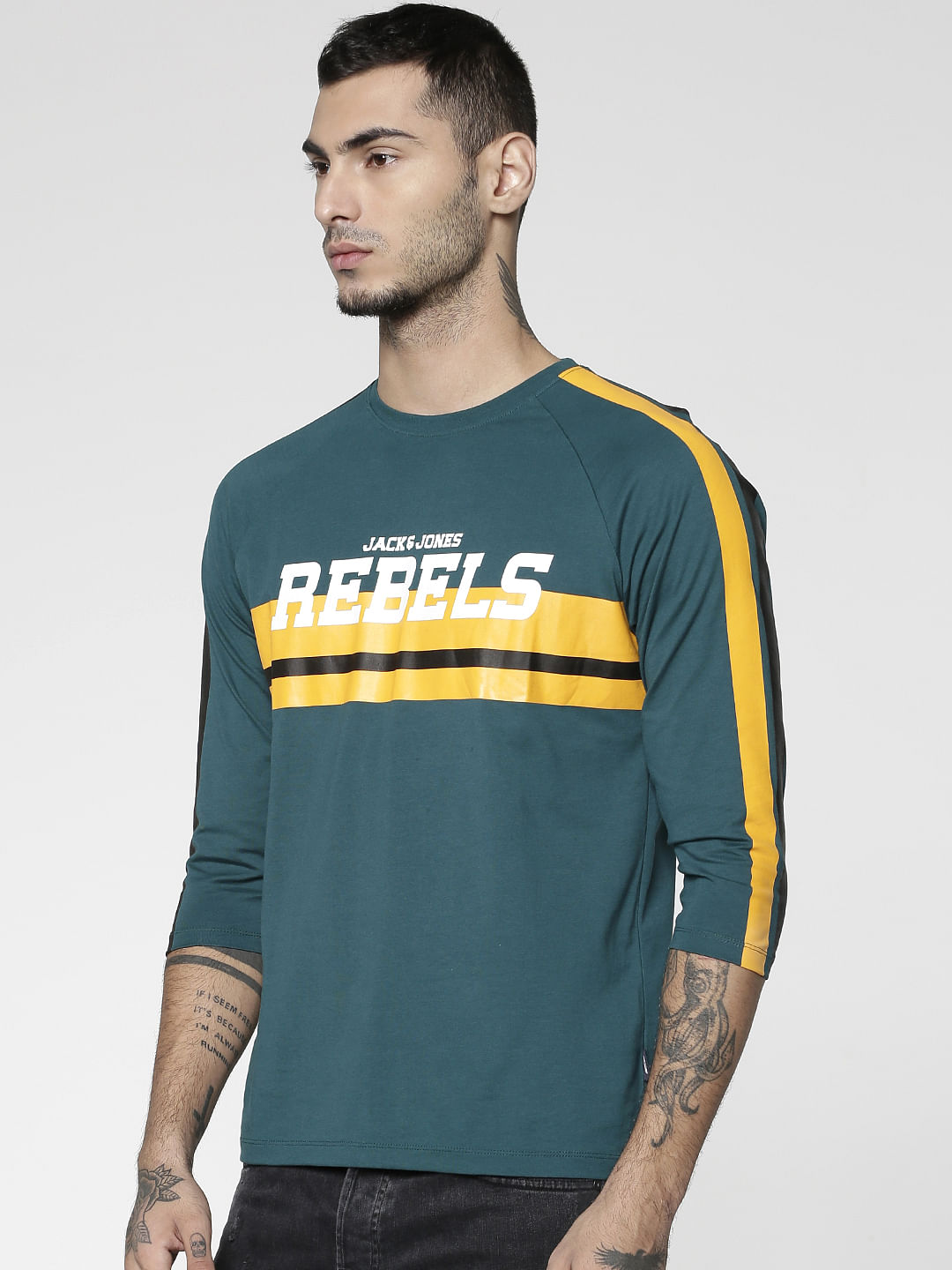 Green Text Print Slim Fit Crew Neck T-Shirt