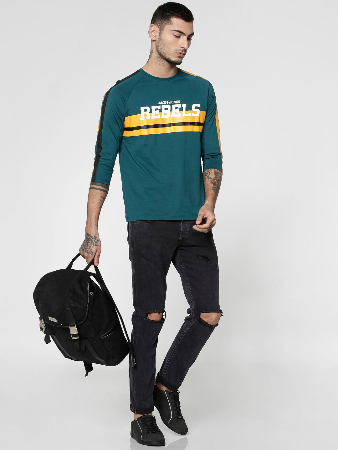 Green Text Print Slim Fit Crew Neck T-Shirt