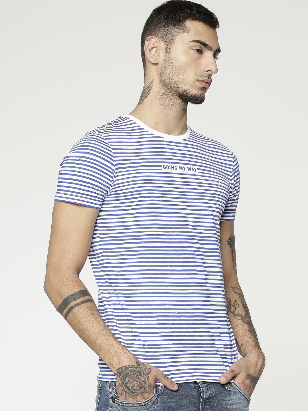 Blue Striped Slim Fit Crew Neck T-Shirt
