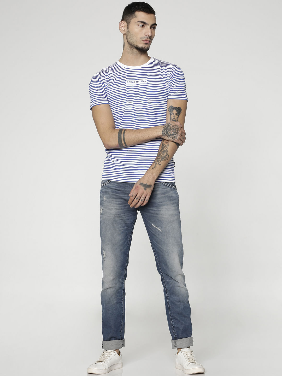 Blue Striped Slim Fit Crew Neck T-Shirt