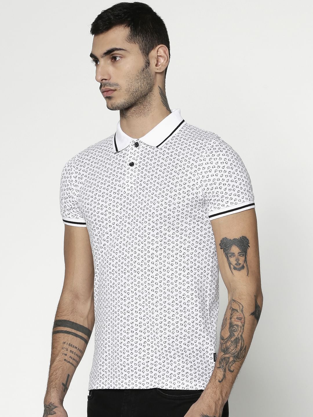 White All Over Printed Slim Fit Polo T-Shirt